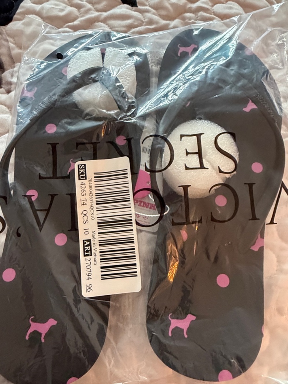 Victoria's Secret Black Flip Flops with Pink Dog & Polka Dot Accents